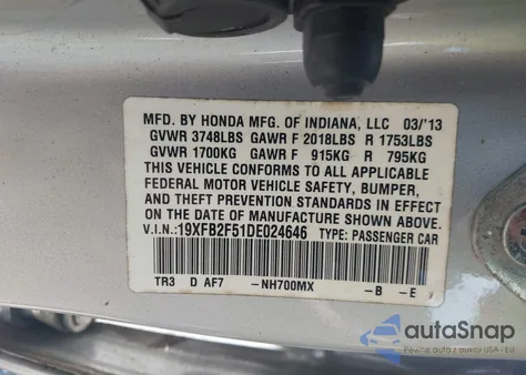 2013 Honda Civic Lx from USA, damaged, VIN 19XFB2F51DE024646